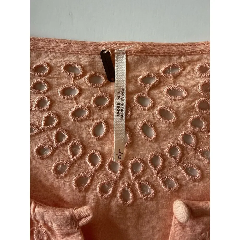 Free People Sea Of Love Tunic Top Peach Eyelet Bell Sleeve Blouse Boho Sequin Lg
